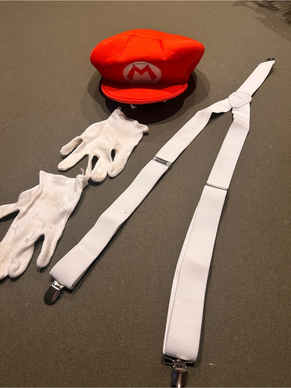 Kids Red Costume Hat with White Gloves and Suspenders